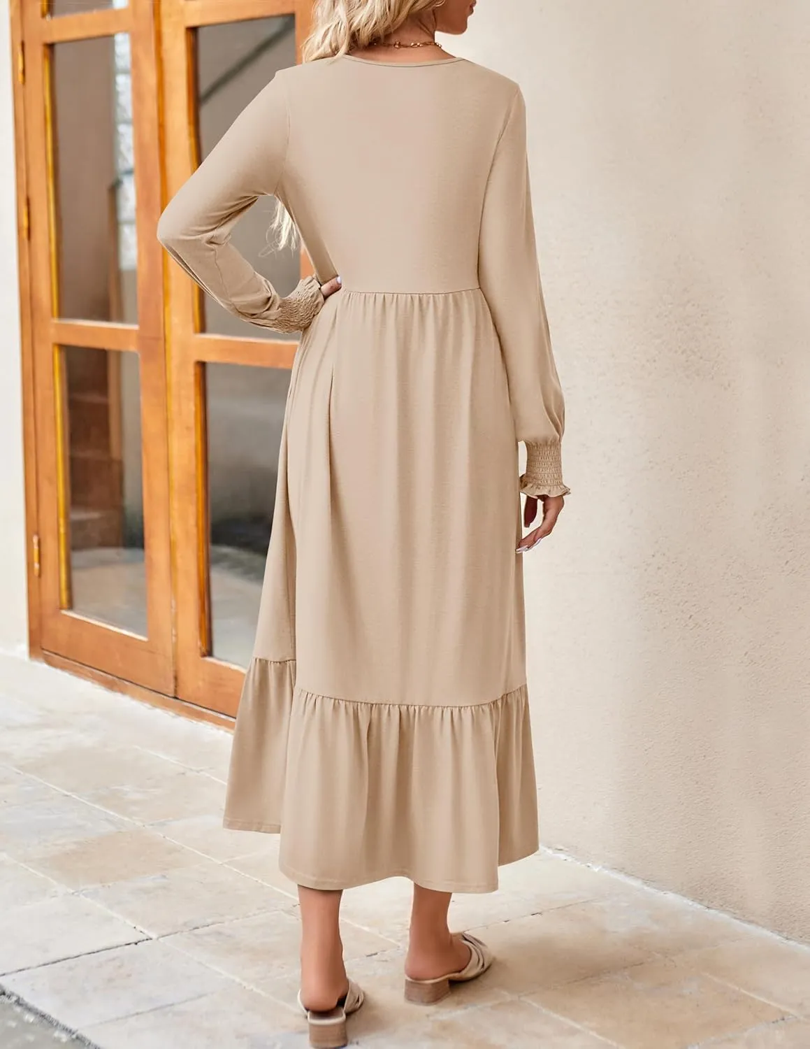 ZESICA Women's Spring Long Sleeve Dress 2025 Crewneck Casual Loose Pleated Tiered Swing Midi Dresses with Pockets