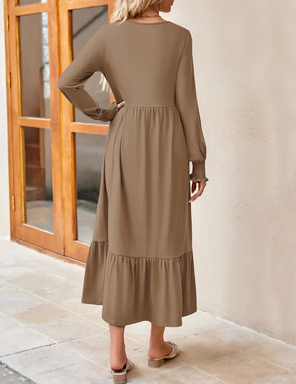 ZESICA Women's Spring Long Sleeve Dress 2025 Crewneck Casual Loose Pleated Tiered Swing Midi Dresses with Pockets