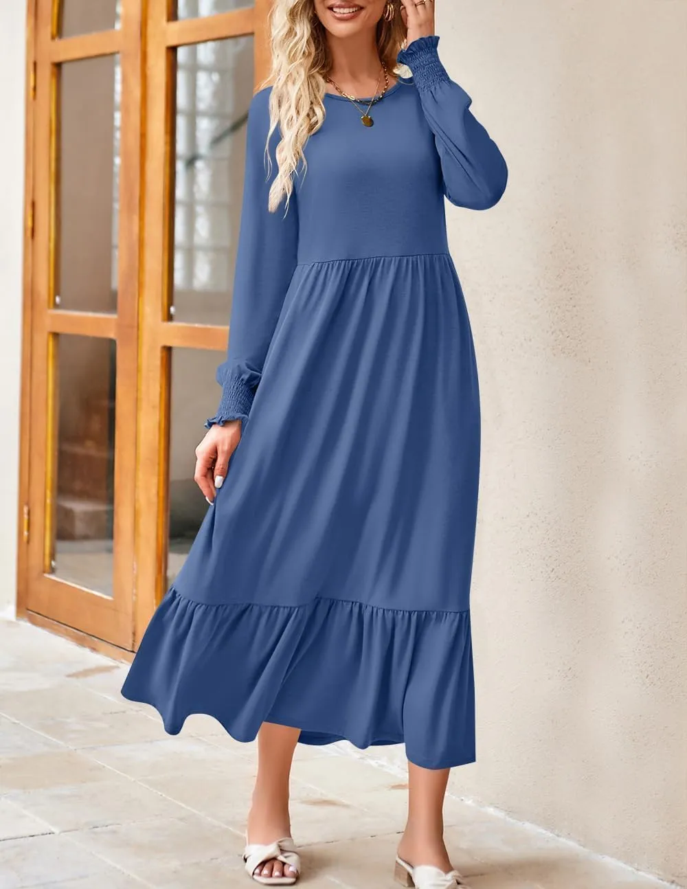 ZESICA Women's Spring Long Sleeve Dress 2025 Crewneck Casual Loose Pleated Tiered Swing Midi Dresses with Pockets