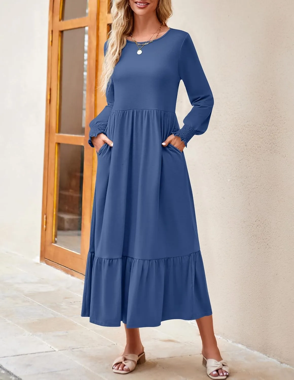 ZESICA Women's Spring Long Sleeve Dress 2025 Crewneck Casual Loose Pleated Tiered Swing Midi Dresses with Pockets