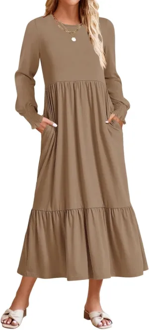 ZESICA Women's Spring Long Sleeve Dress 2025 Crewneck Casual Loose Pleated Tiered Swing Midi Dresses with Pockets