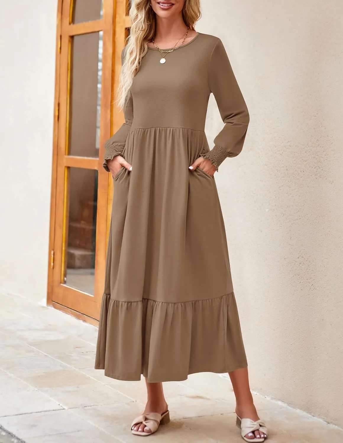 ZESICA Women's Spring Long Sleeve Dress 2025 Crewneck Casual Loose Pleated Tiered Swing Midi Dresses with Pockets