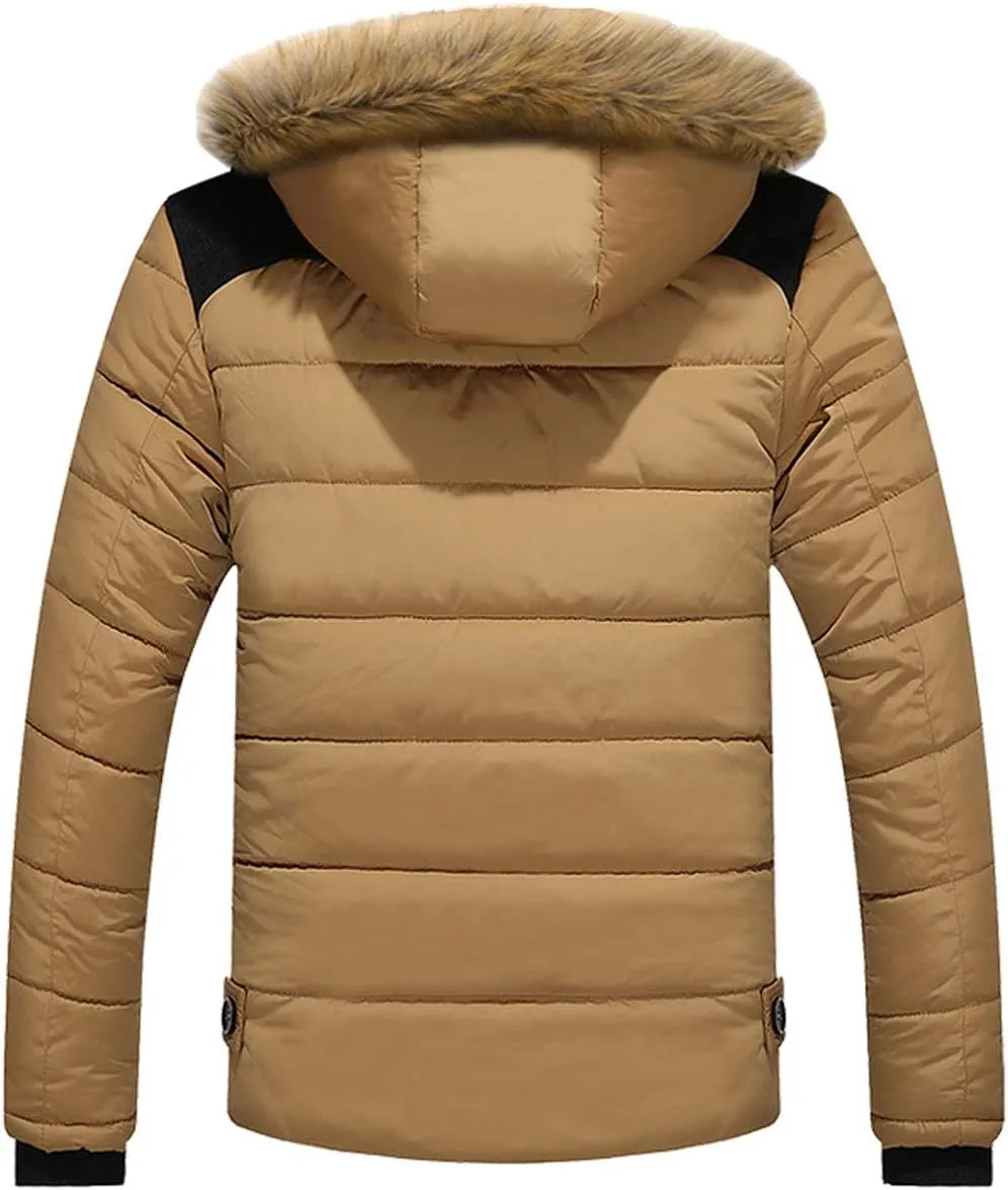 ZGZZ7 Men's Winter Warm Puffy Coats Detachable Fur Hood Outerwear Cotton Padded Jackets