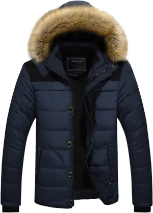 ZGZZ7 Men's Winter Warm Puffy Coats Detachable Fur Hood Outerwear Cotton Padded Jackets
