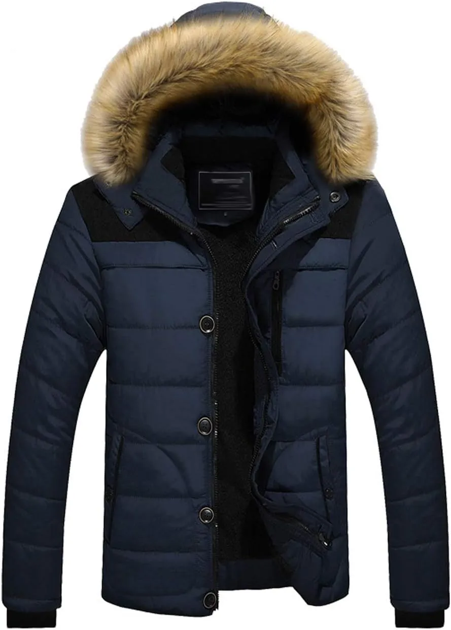 ZGZZ7 Men's Winter Warm Puffy Coats Detachable Fur Hood Outerwear Cotton Padded Jackets