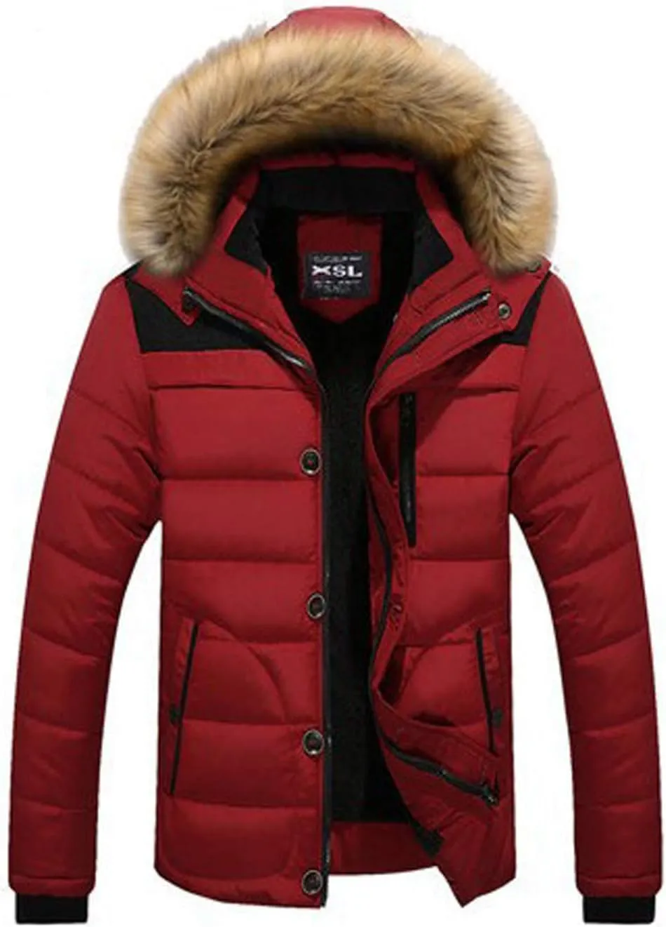 ZGZZ7 Men's Winter Warm Puffy Coats Detachable Fur Hood Outerwear Cotton Padded Jackets