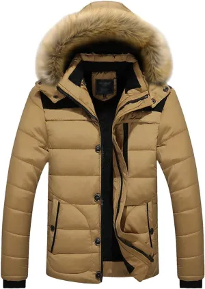 ZGZZ7 Men's Winter Warm Puffy Coats Detachable Fur Hood Outerwear Cotton Padded Jackets