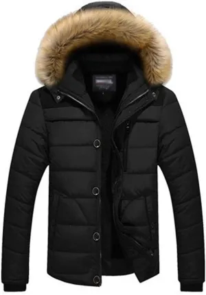 ZGZZ7 Men's Winter Warm Puffy Coats Detachable Fur Hood Outerwear Cotton Padded Jackets